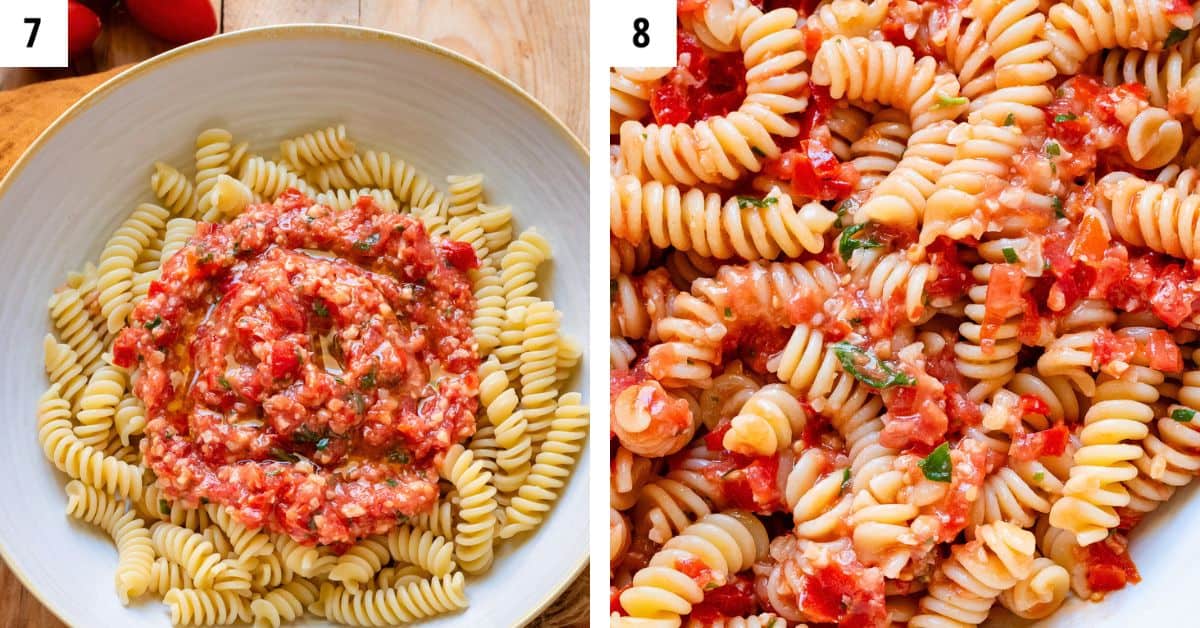 Seasoning pasta with pesto alla trapanese.