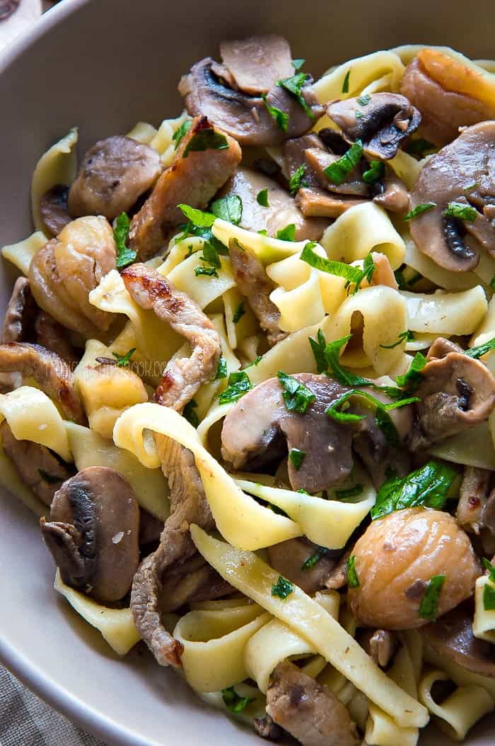 Tagliatelle with Mushrooms, Roasted Meat & Chestnuts - EASY n DELICIOUS