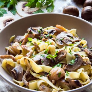 A bowl of Tagliatelle with Mushrooms, Roasted Meat and Chestnuts.