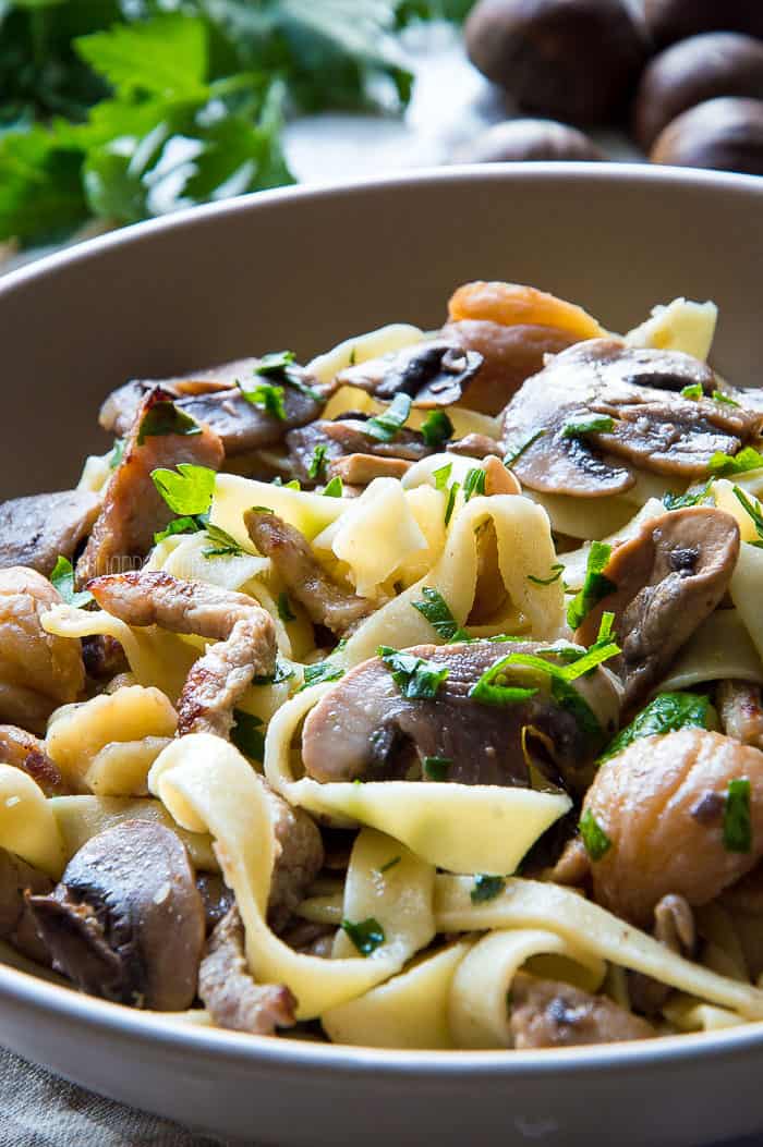 Tagliatelle with Mushrooms, Roasted Meat & Chestnuts - EASY n DELICIOUS