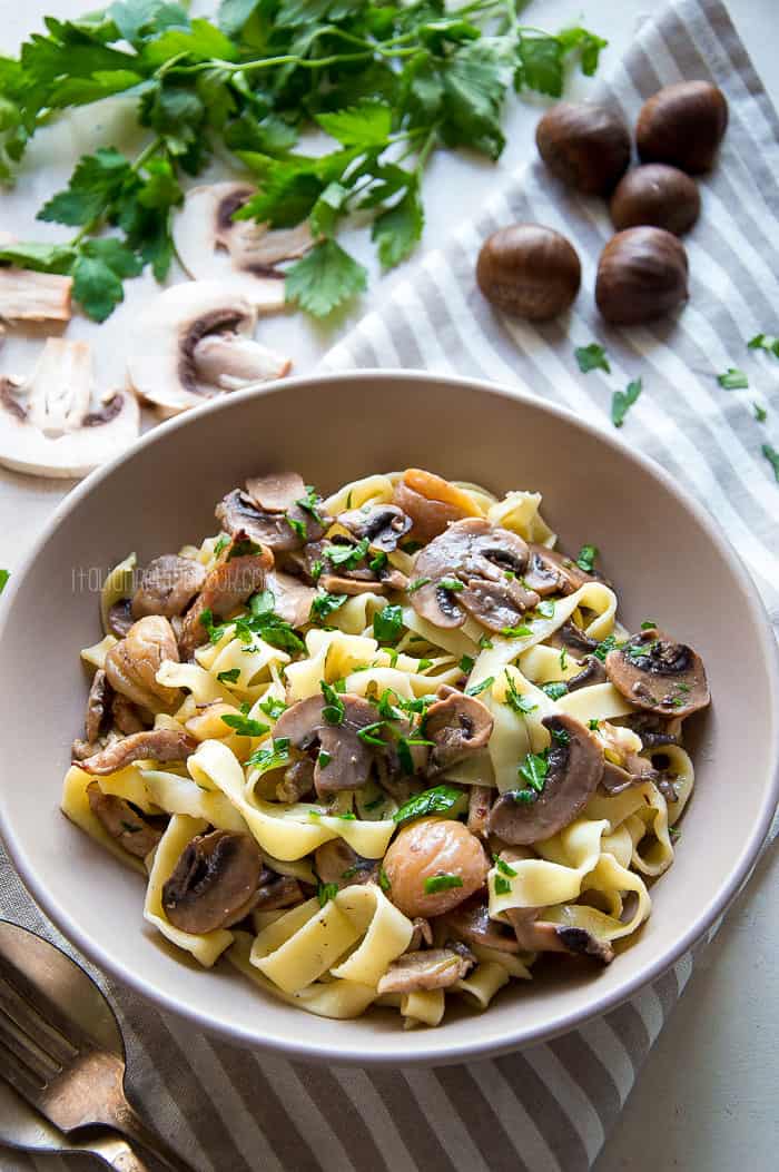 Tagliatelle with Mushrooms, Roasted Meat & Chestnuts - EASY n DELICIOUS