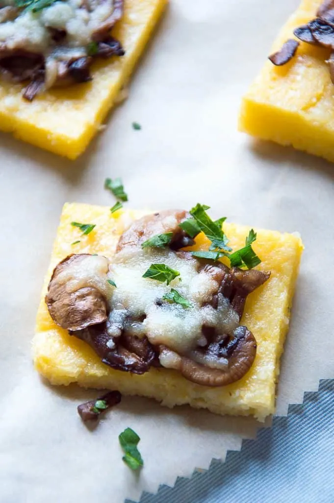 Polenta Squares with Delicious Mushroom Ragu & Melted Cheese