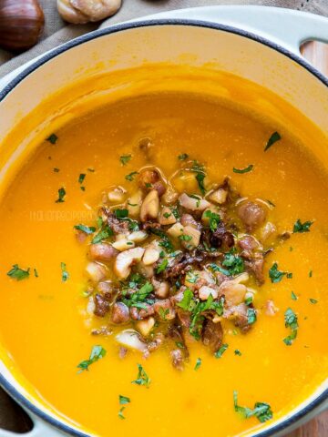 Creamy Pumpkin Soup With Mushrooms & Chestnuts