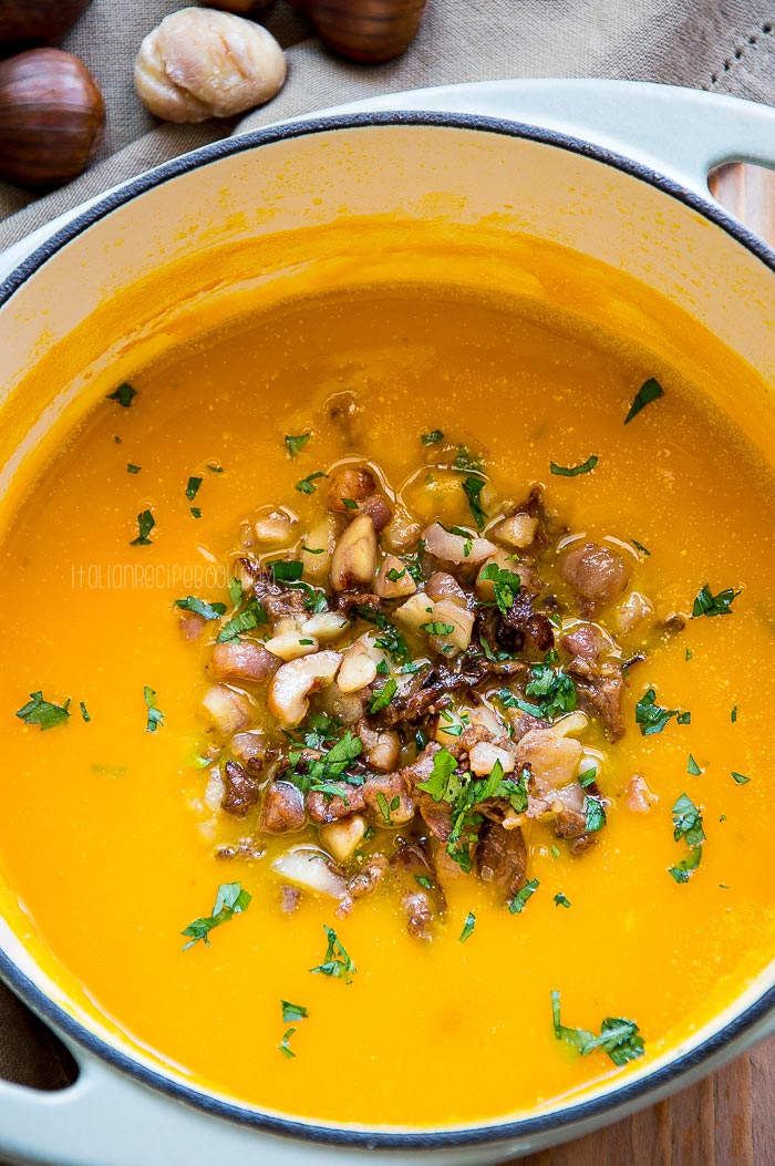 Creamy Pumpkin Soup With Mushrooms & Chestnuts