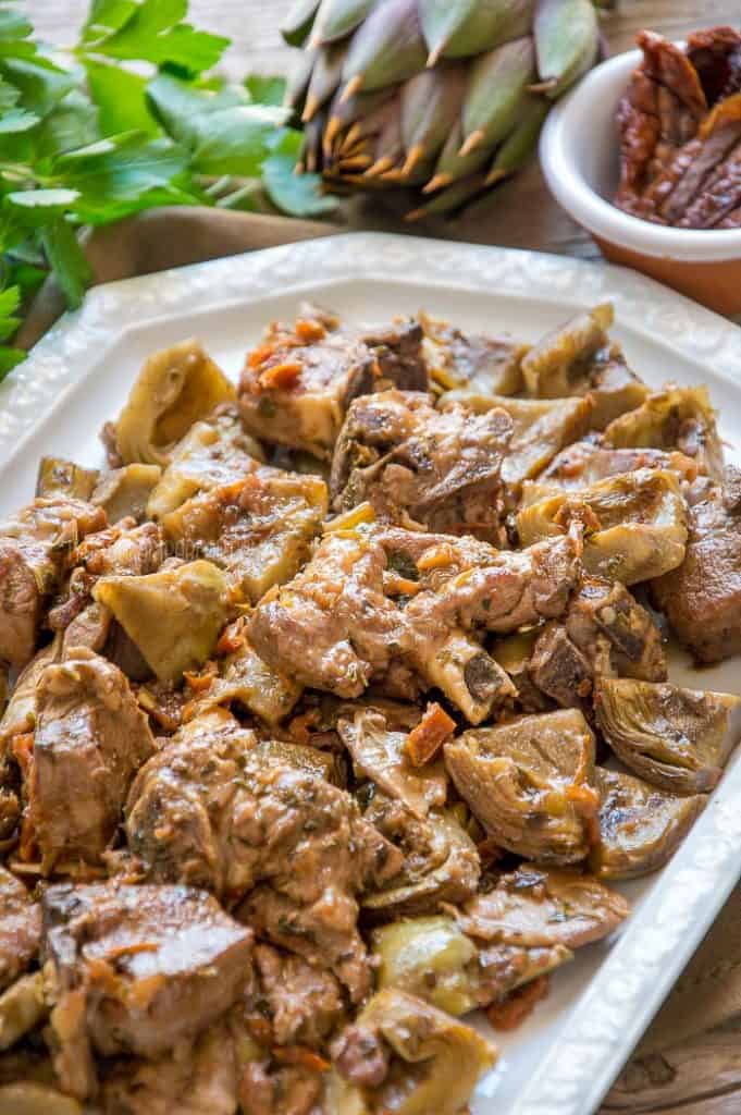 Lamb and Artichokes Stew on a serving plate