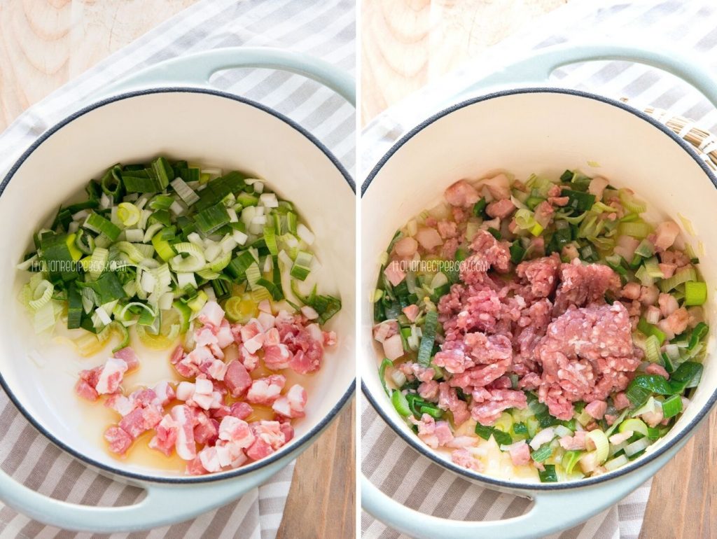 making italian spring soup - onions and meat in the pot
