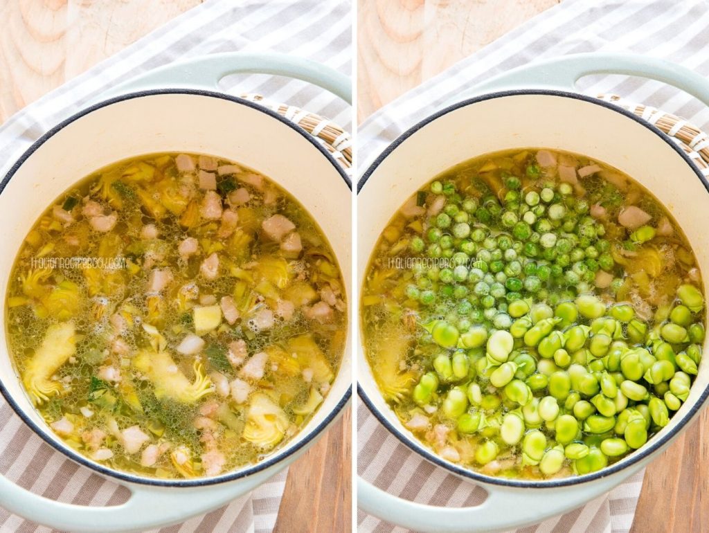 making italian spring soup - broth, peas and fava beans
