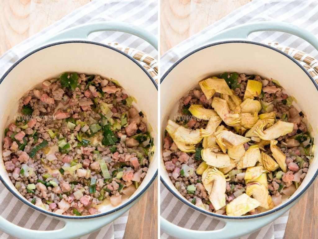 making italian spring soup - crumbled meat and artichokes