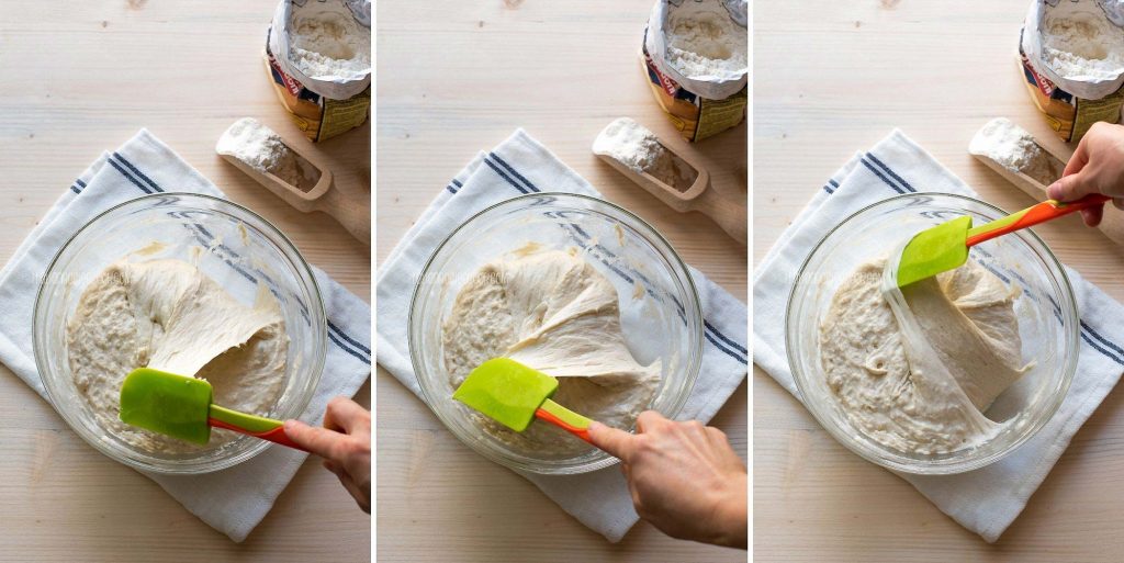 stretching and folding ciabatta dough