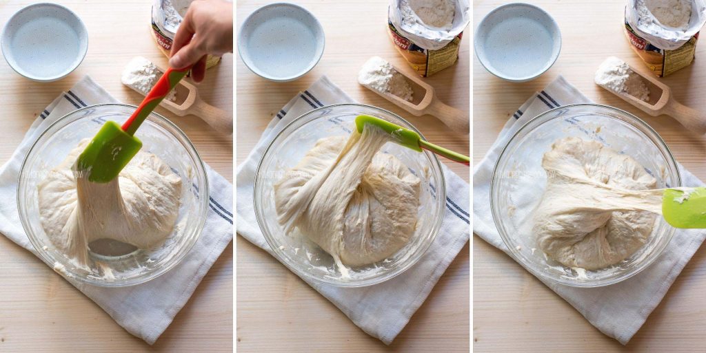 stretching and folding ciabatta dough