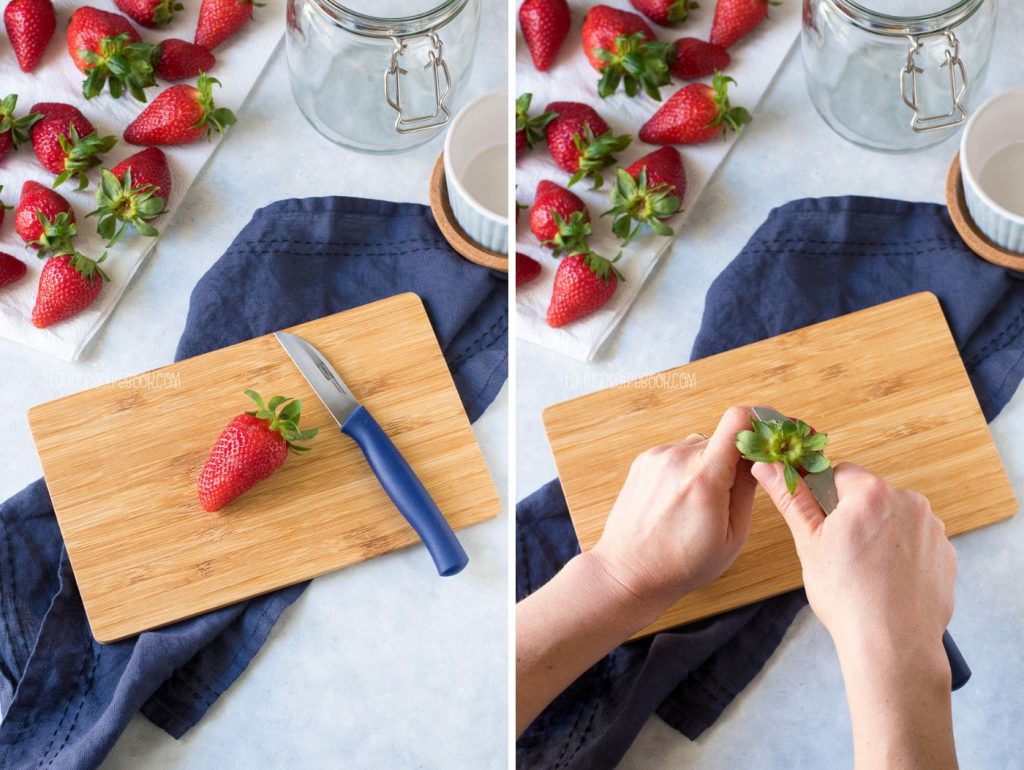 Trimming strawberries.