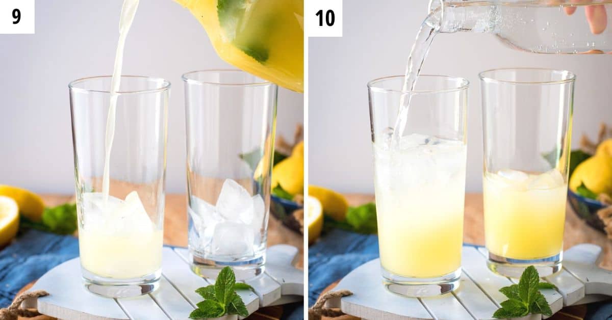 Filling collins glass with ice, lemonade mix and soda water.
