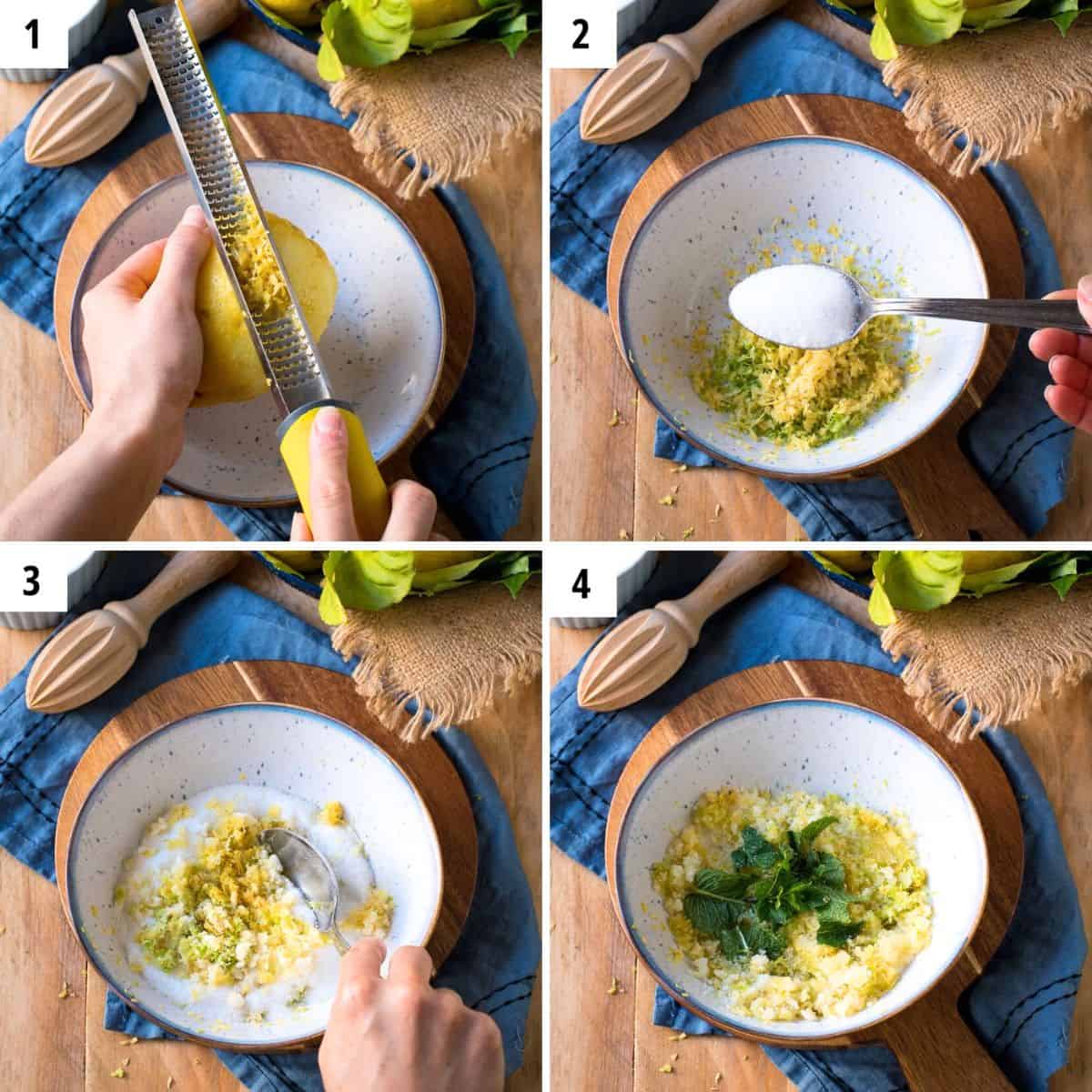Grating lemon zest, mixing with sugar and mint leaves.