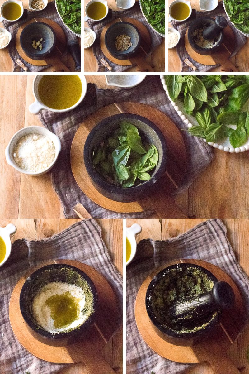 pesto with mortar and pestle
