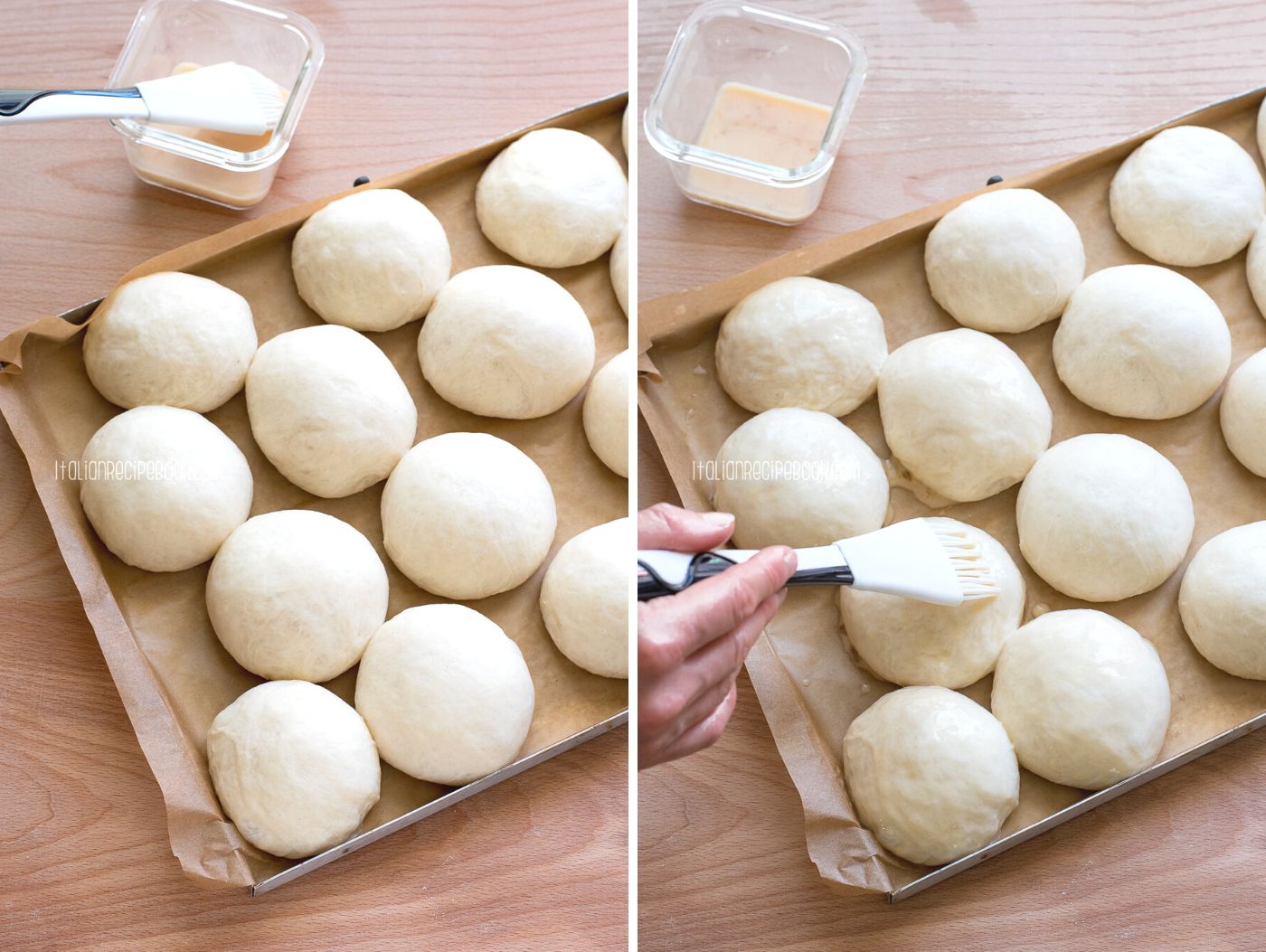 brushing milk rolls with eggwash