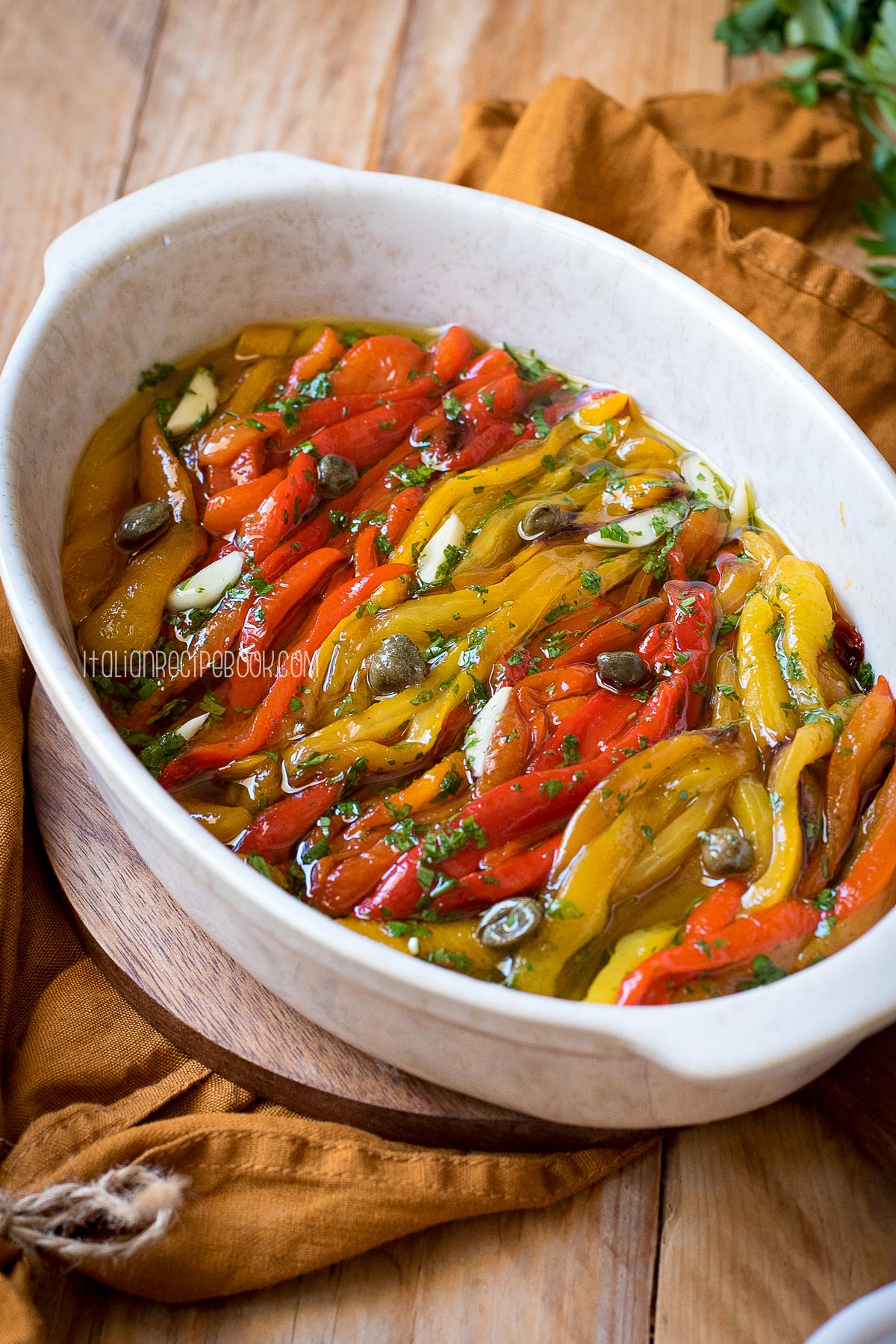 roasted peppers in a serving dish