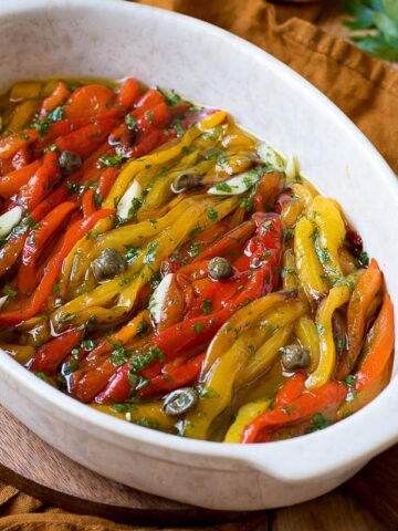 roasted peppers in a serving dish
