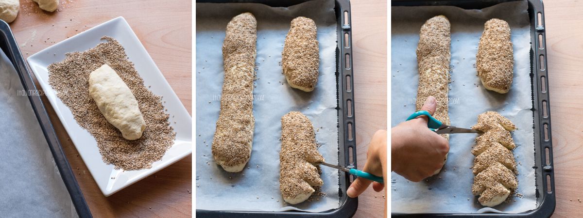 dipping loaves in sesame seeds