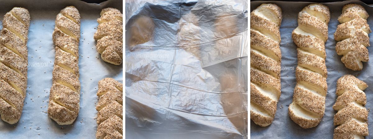 loaves proofing on a baking sheet