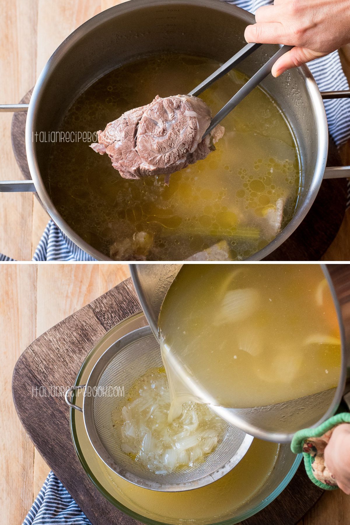 straining meat broth