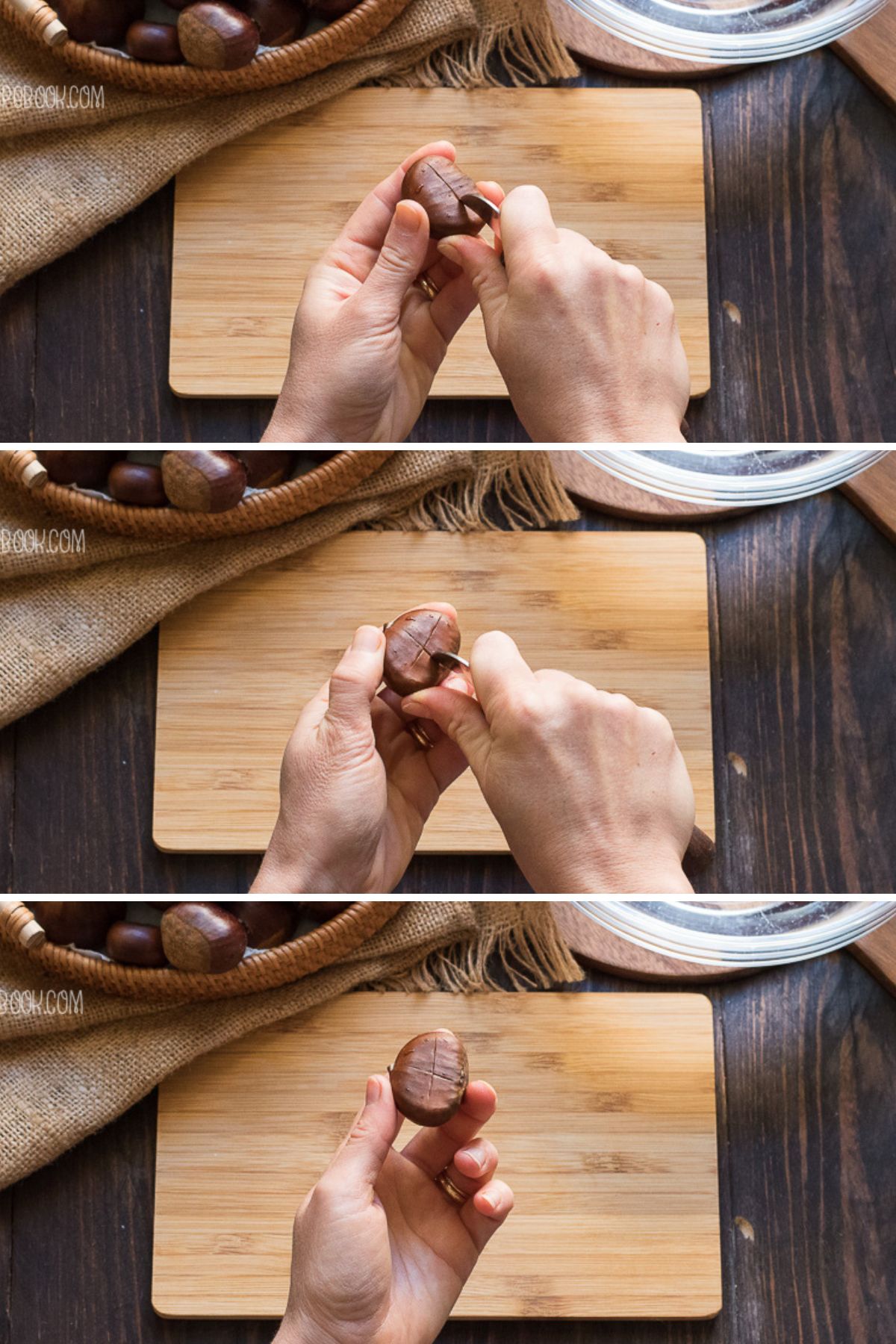 making a cross cut on a chestnut