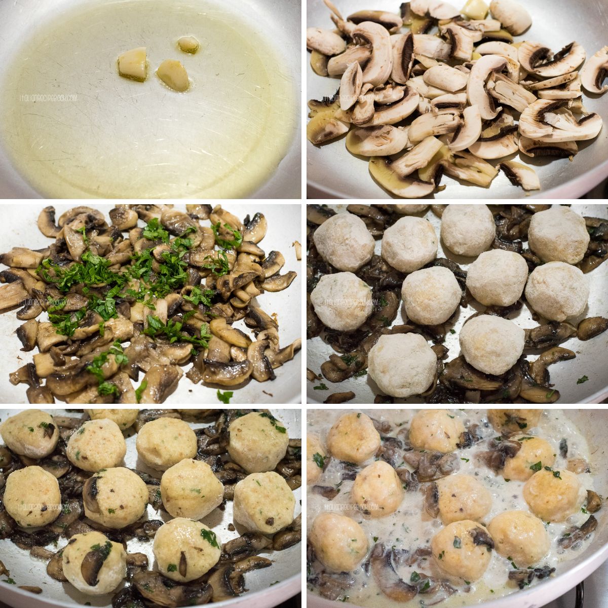making mushroom sauce and cooking ricotta balls in it