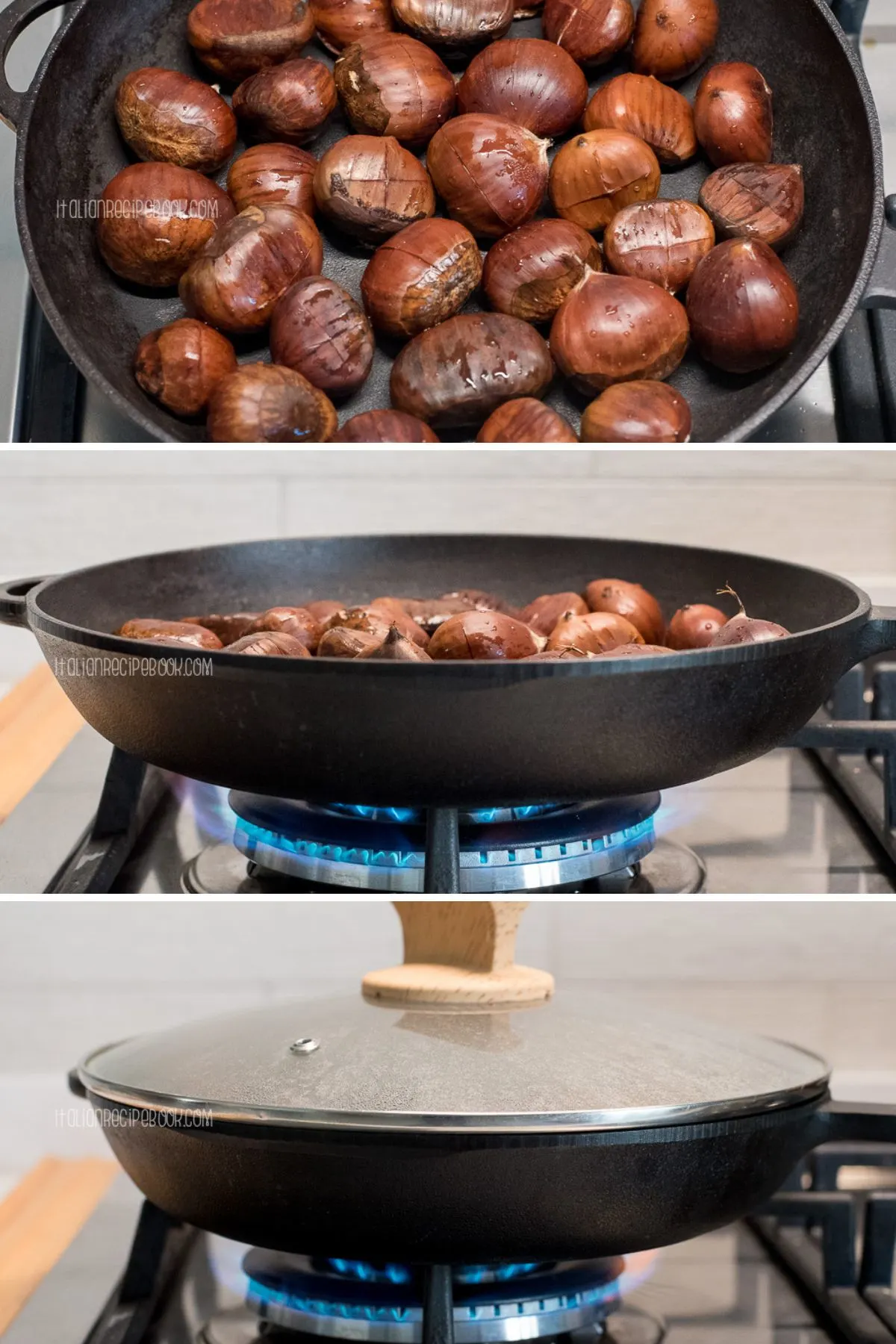 Premium Photo  Roasted chestnuts in a chestnut pan skillet with holes on a  aged brown wooden table