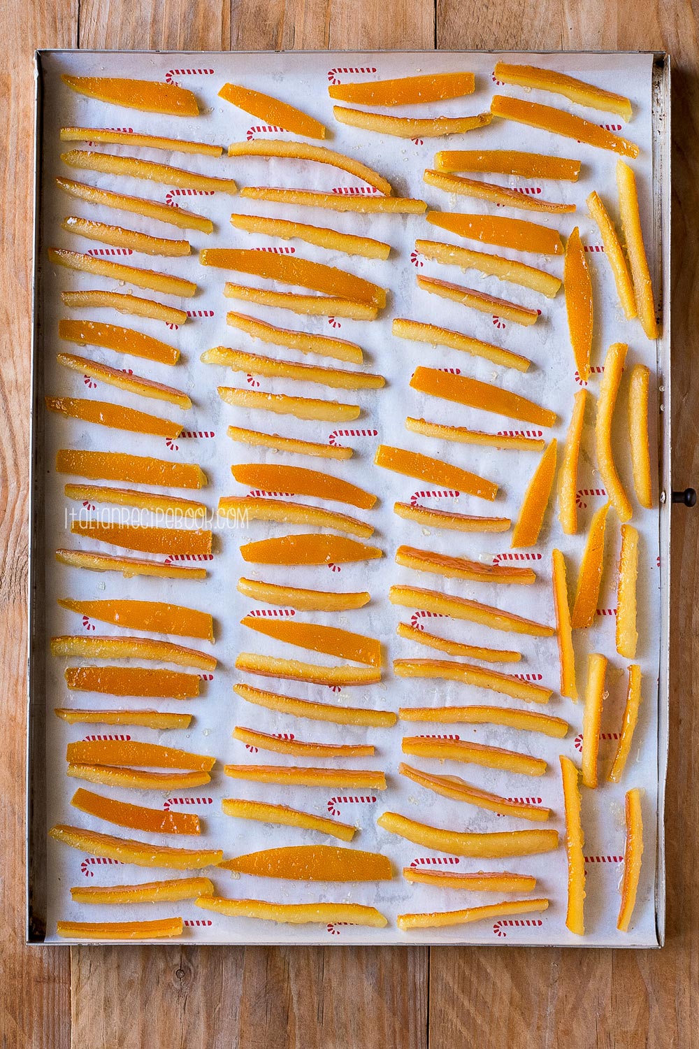 candied orange peels arranged on a tray