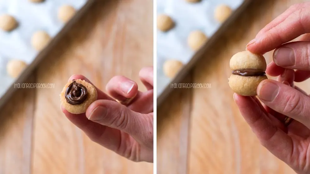 sealing cookie halves with chocolate