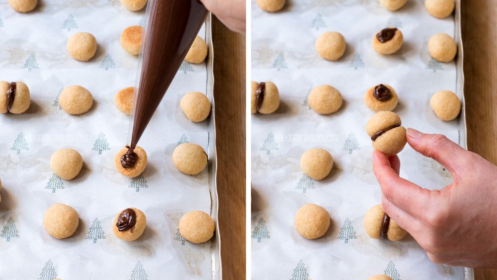 sealing cookie halves with chocolate