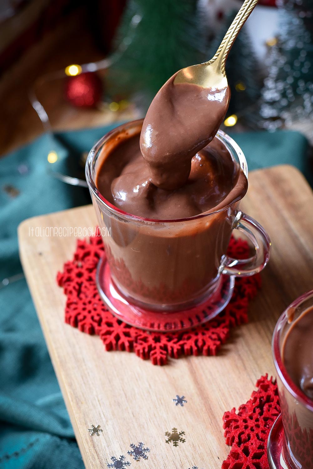 thick hot chocolate on a spoon