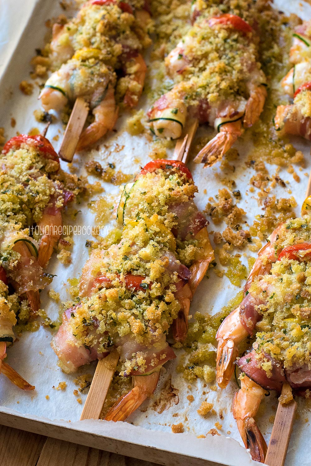 shrimp and zucchini skewers close up