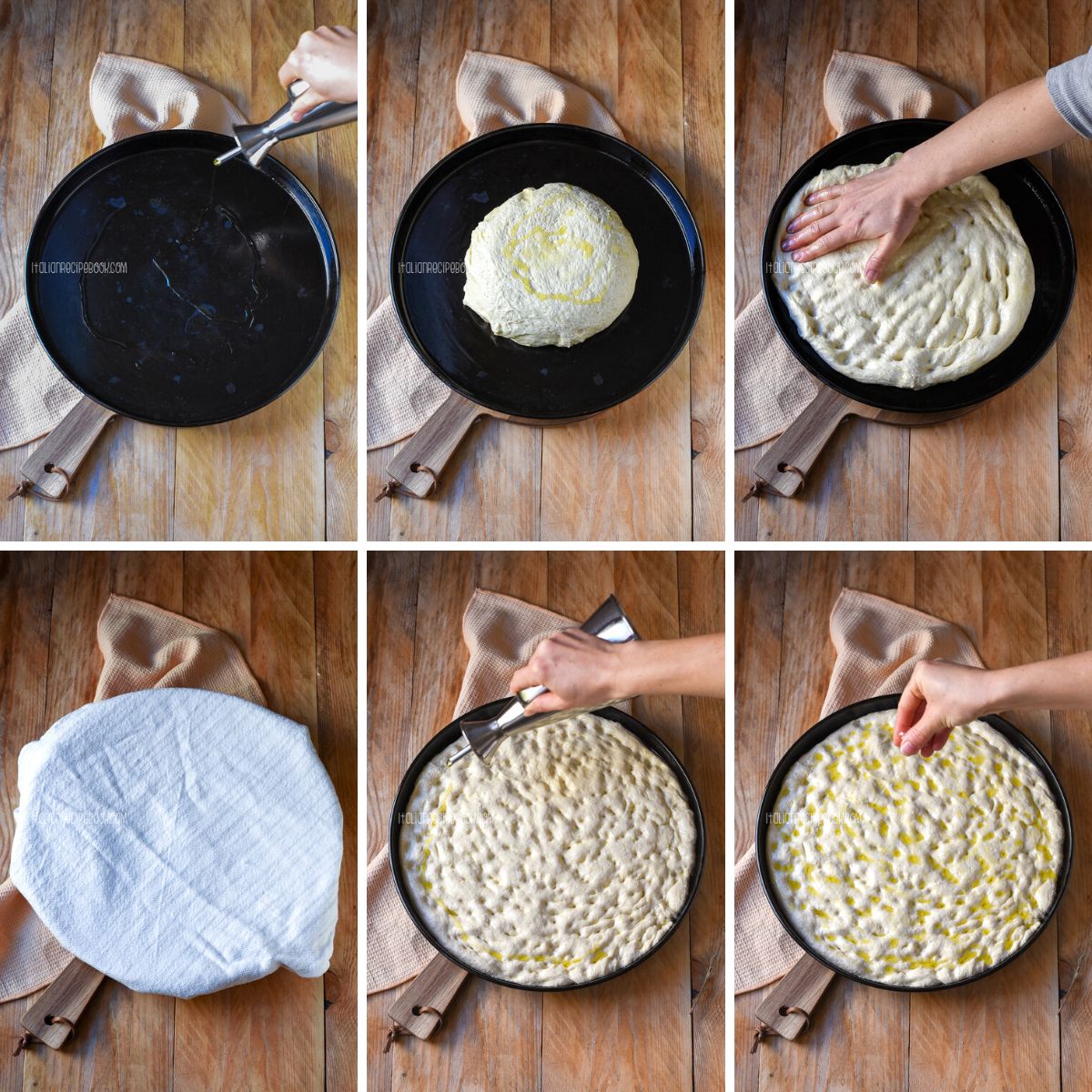 arranging focaccia in a pan