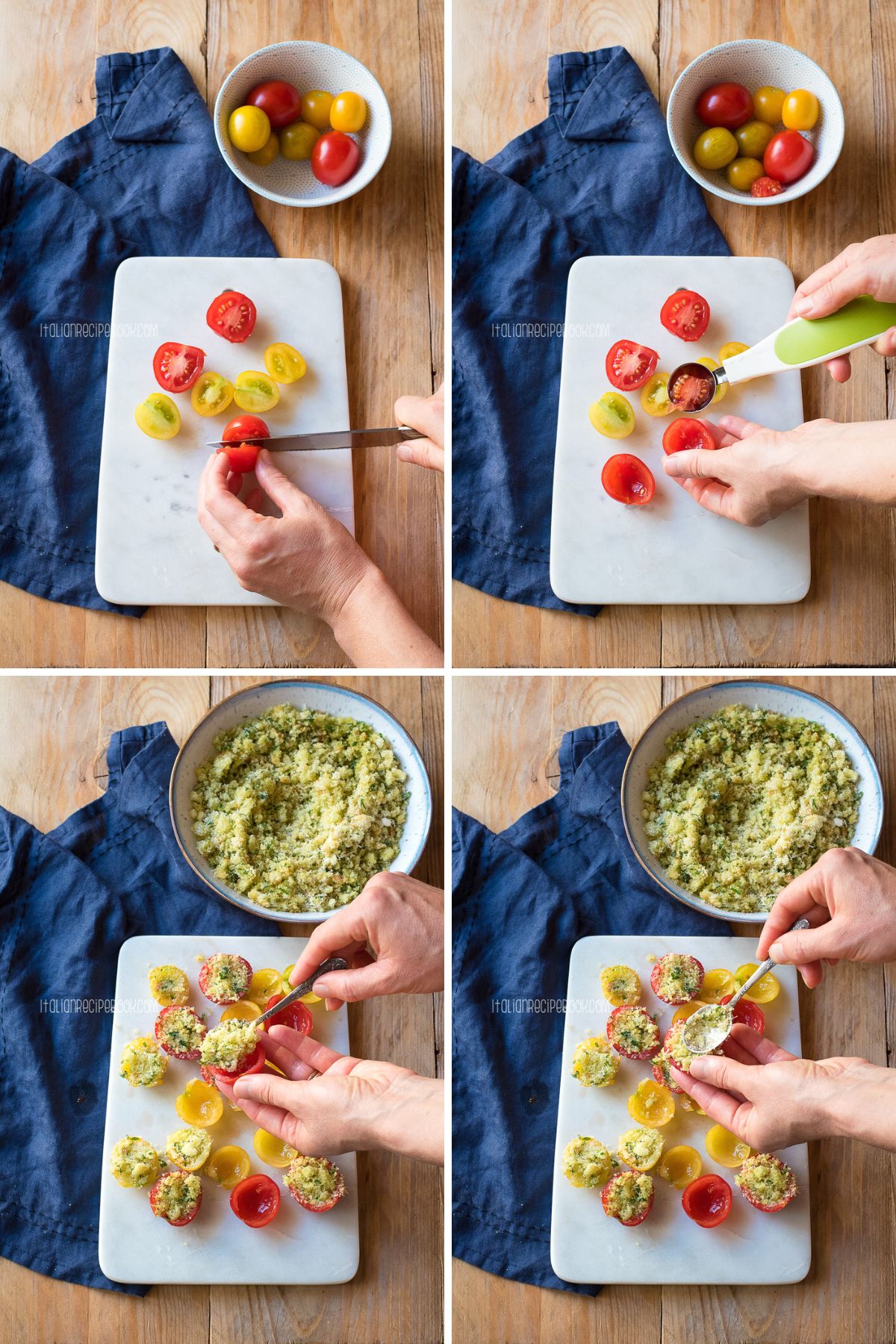 stuffing cherry tomatoes with breadcrumb mix