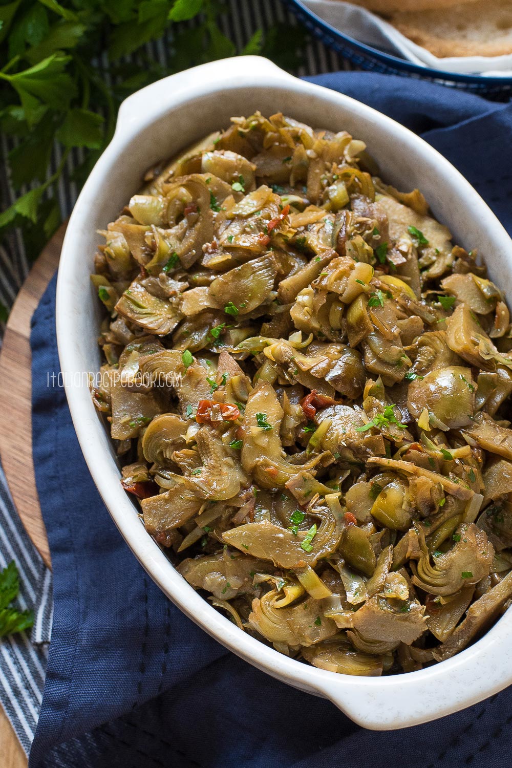 braised artichokes in a serving dish
