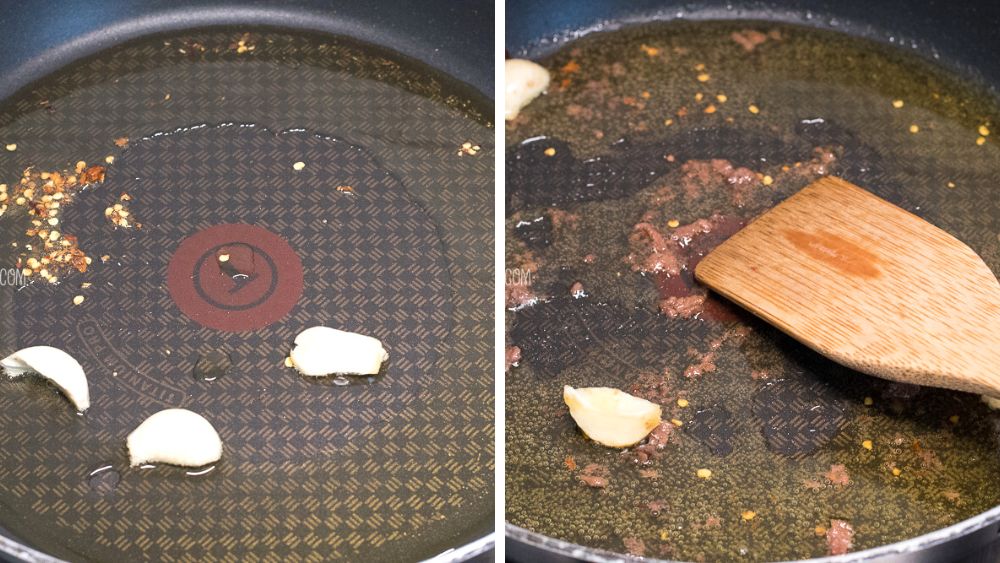 making the sauce with garlic and anchovies