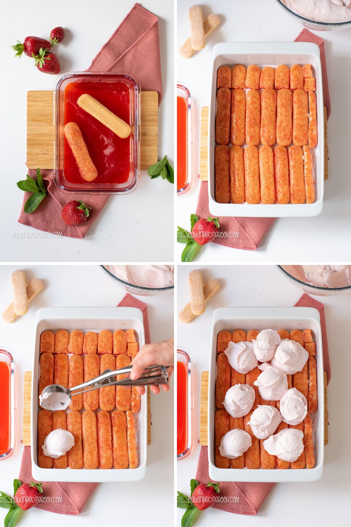 Assembling strawberry tiramisu.