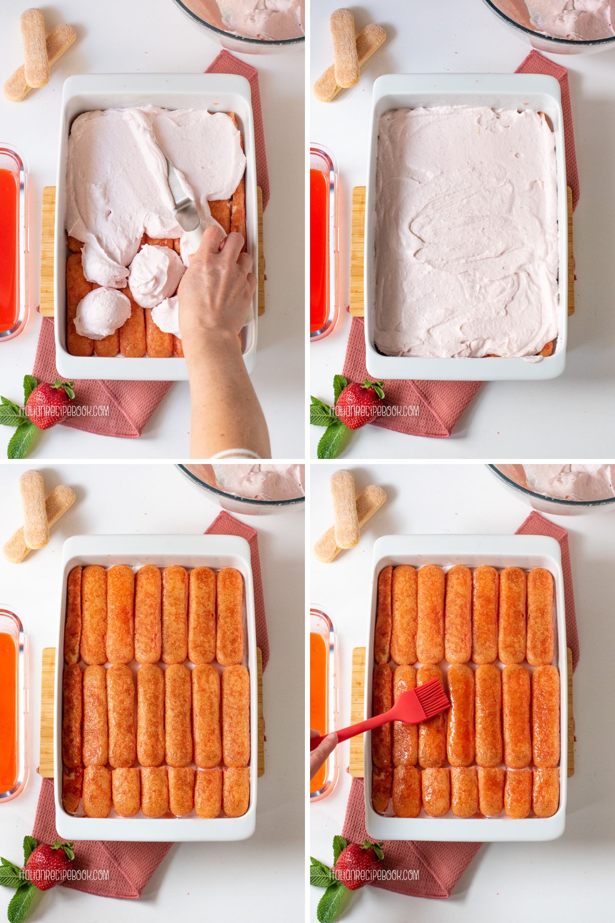 Layering second layer of cream and savoiardi biscuits.