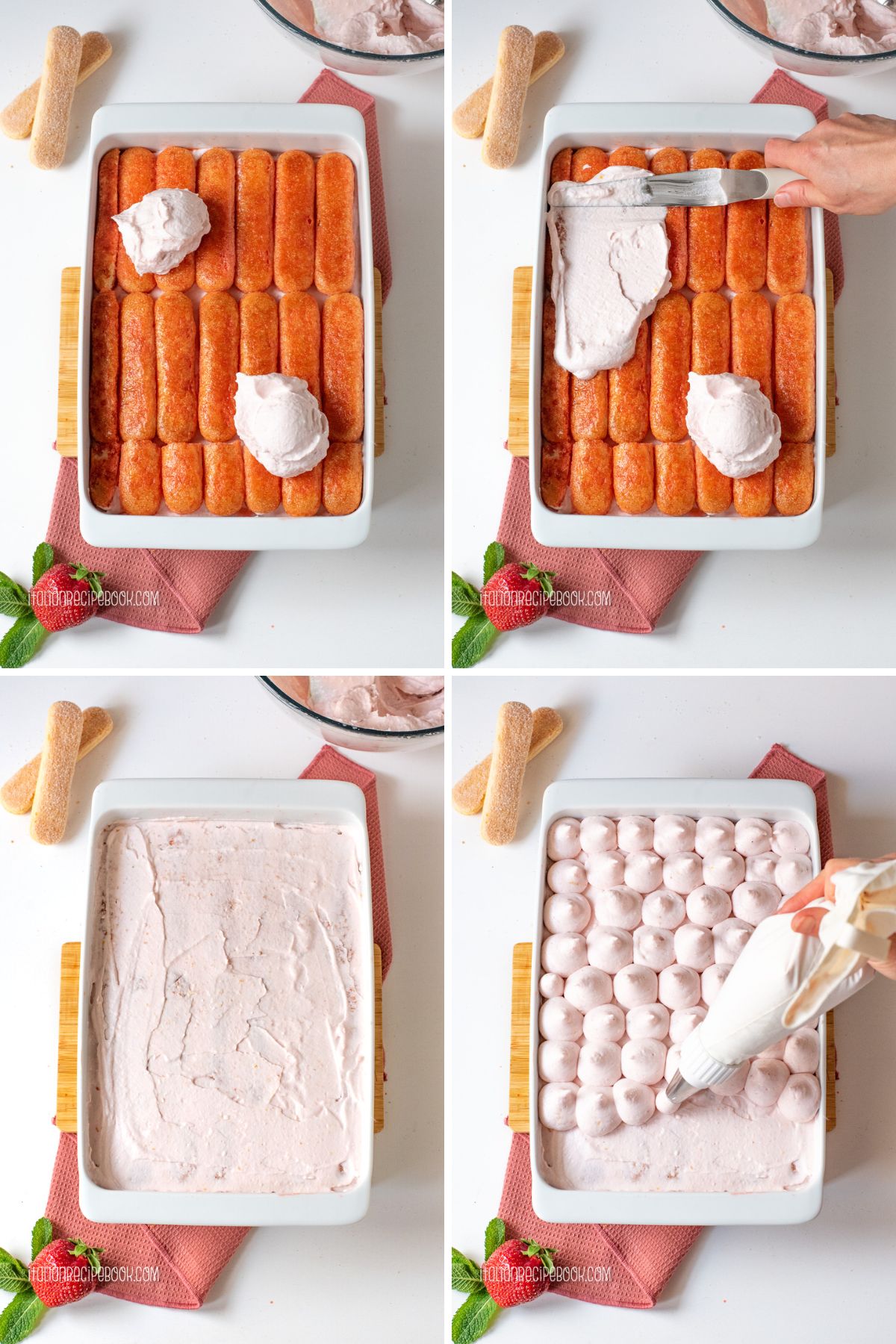 Decorating the last layer of strawberry tiramisu.