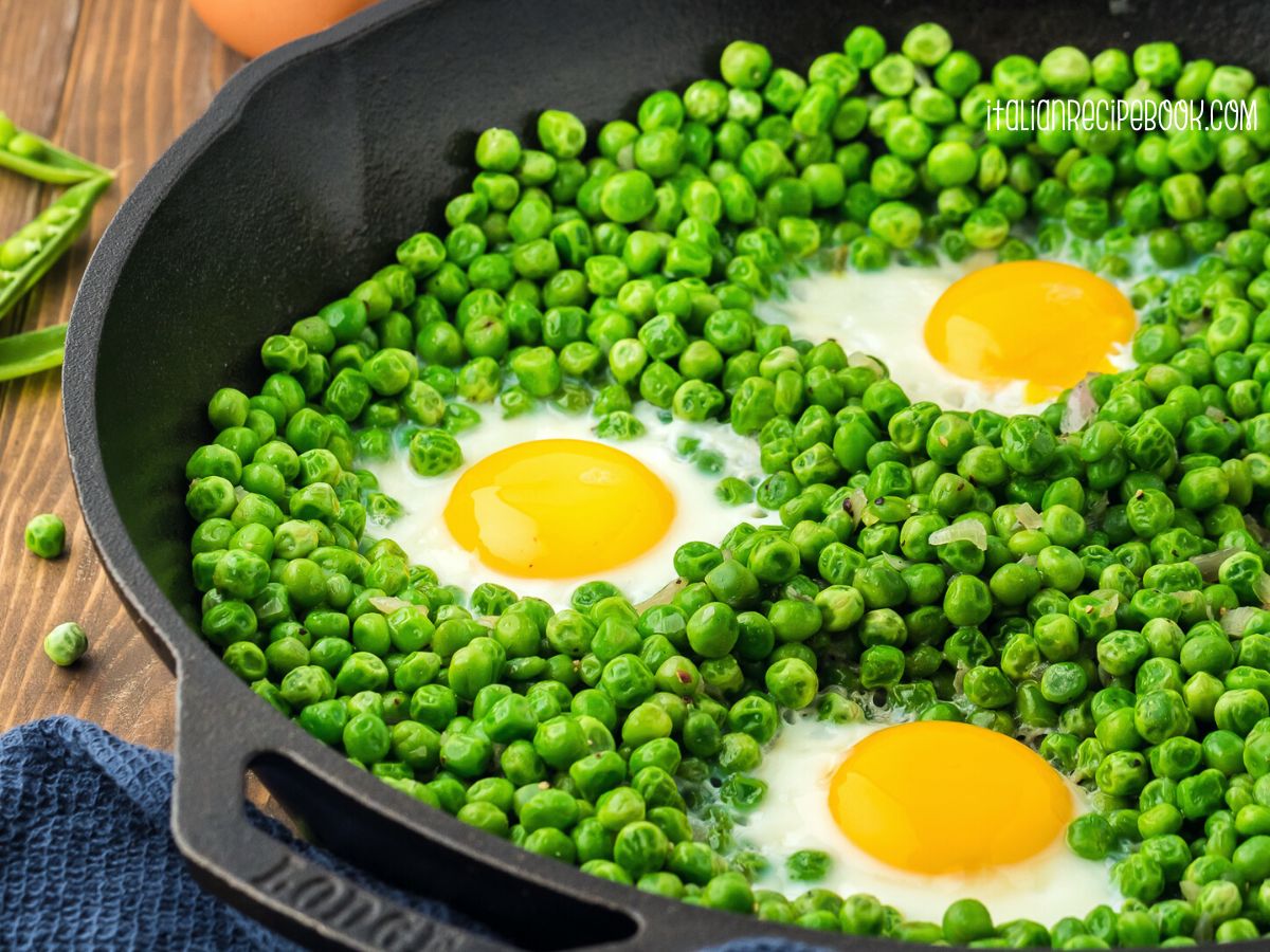 eggs and peas in a pan