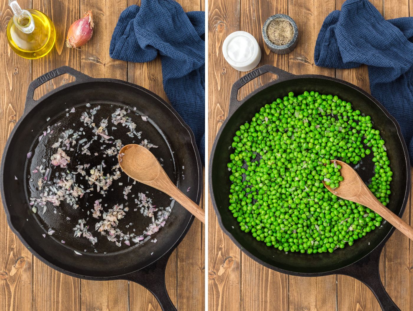 sauteeing shallot and adding peas to a pan