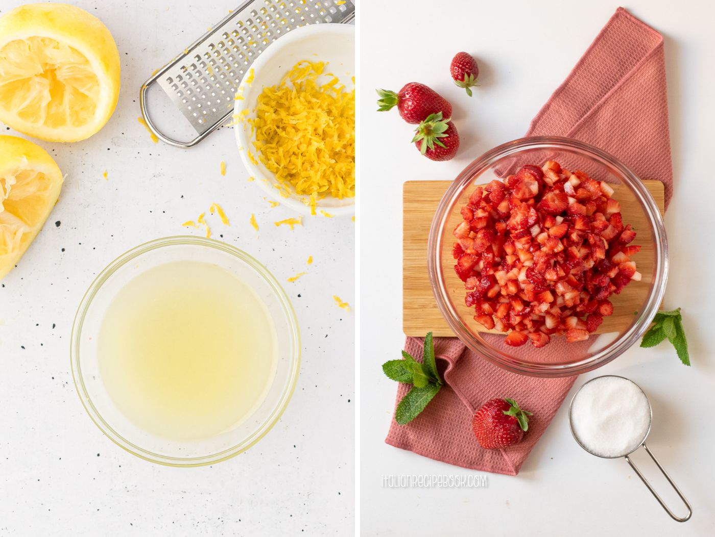 Lemon juice, zest and strawberries cut in pieces.