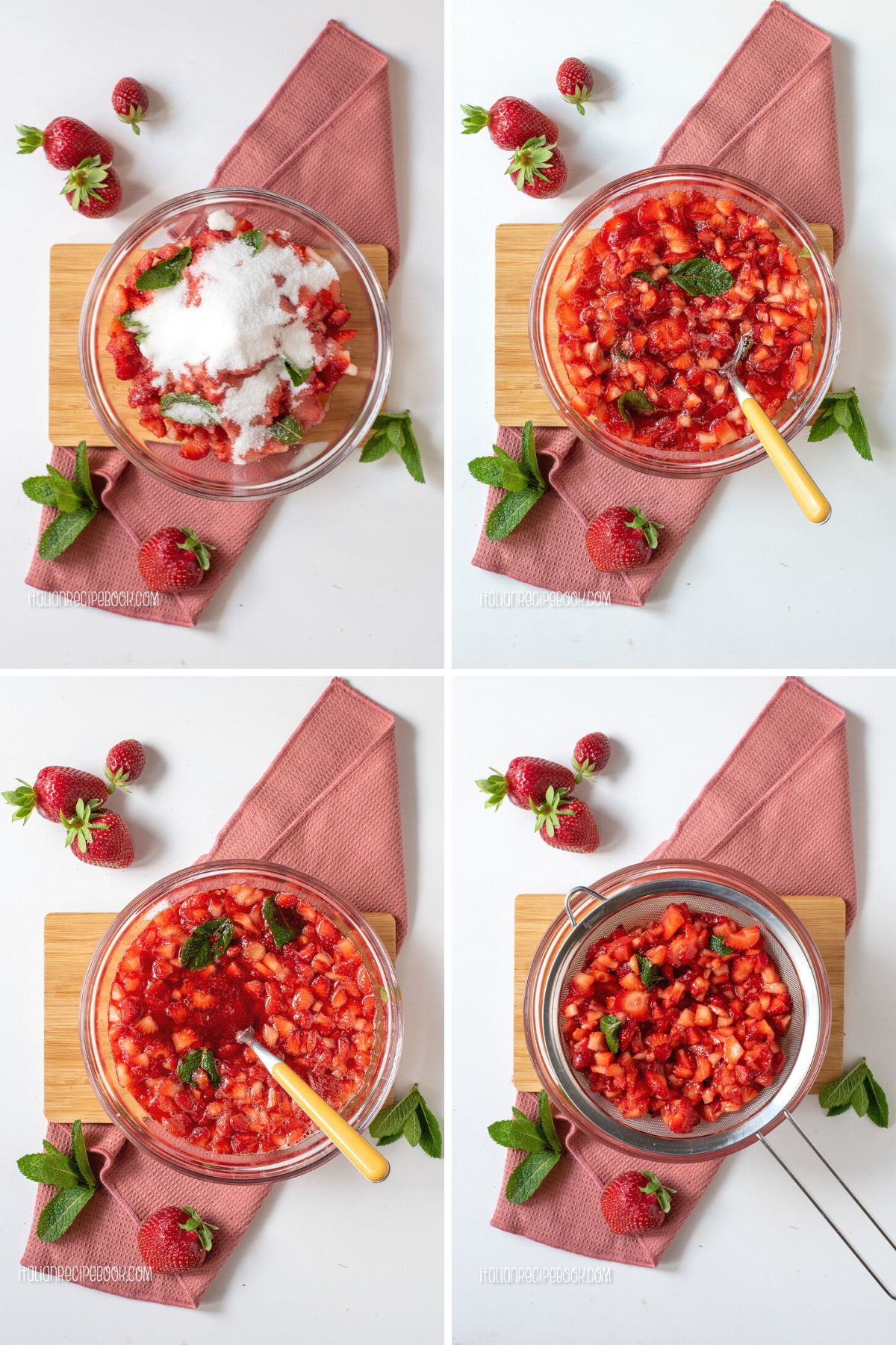 Macerating strawberries in lemon juice with sugar and mint leaves.