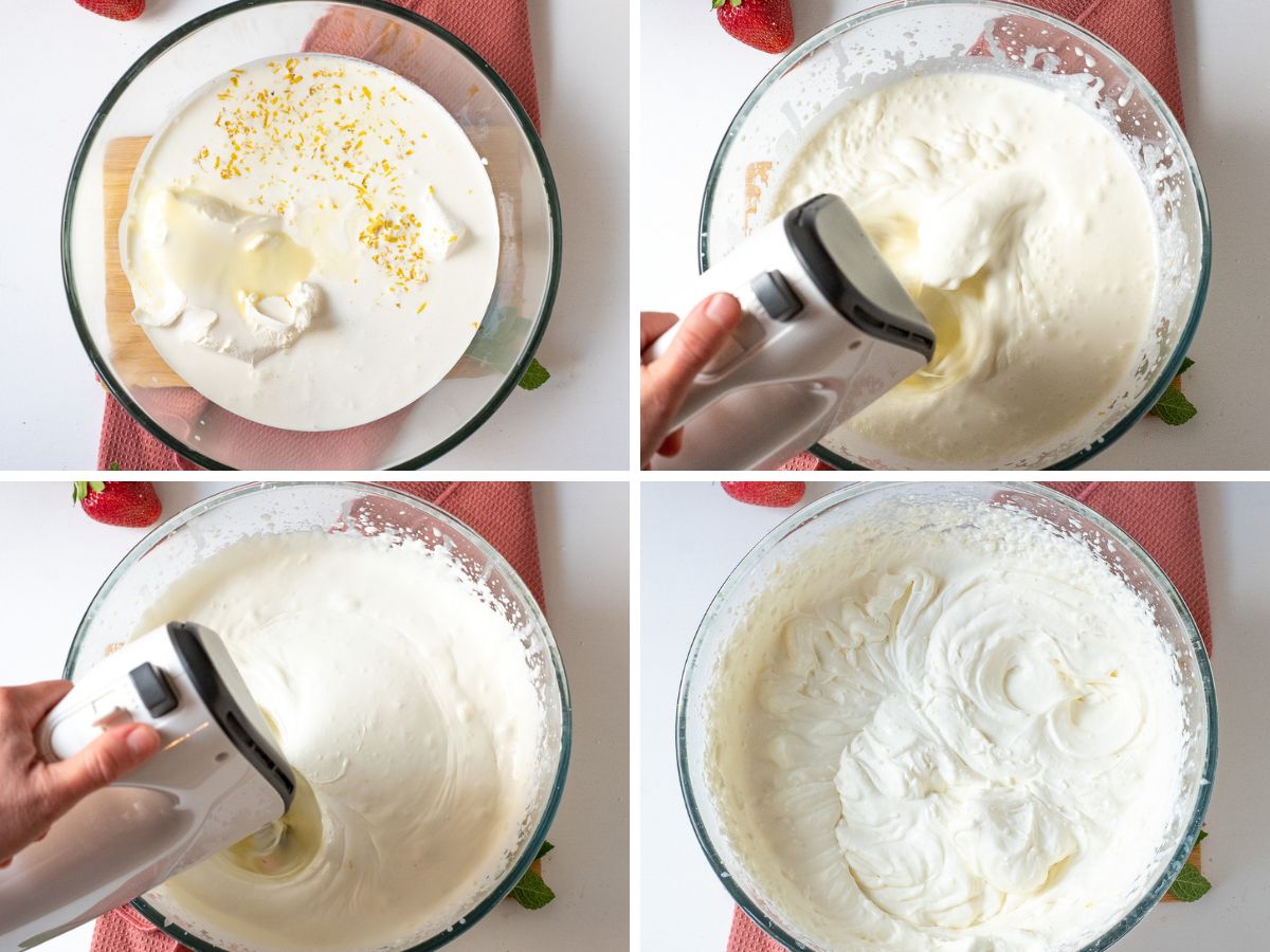Whipping mascarpone cream with a hand-held mixer.