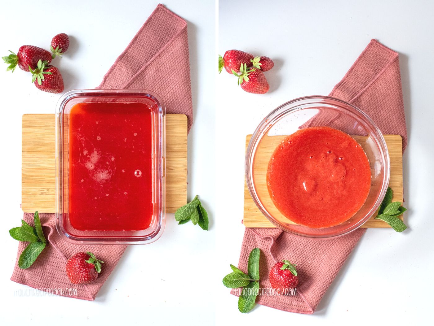 Strawberry juice and strawberry puree in separate glass dishes.
