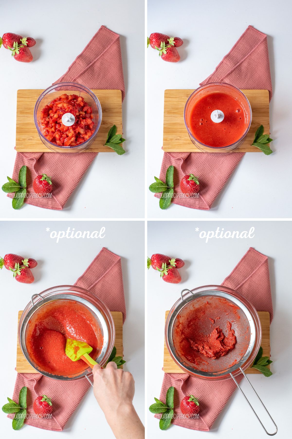 Showing the process of making strawberry puree.