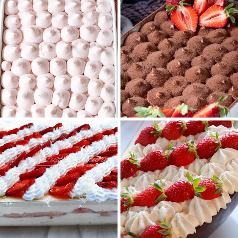 Photo collage of four different ways how to decorate strawberry tiramisu.