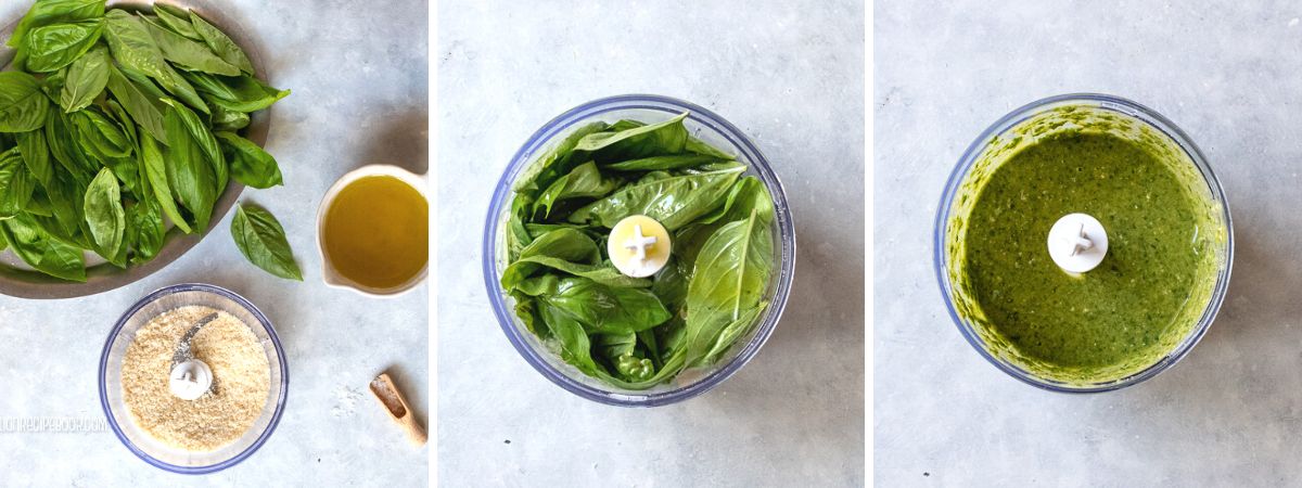 Process of making basil pesto in a food processor.
