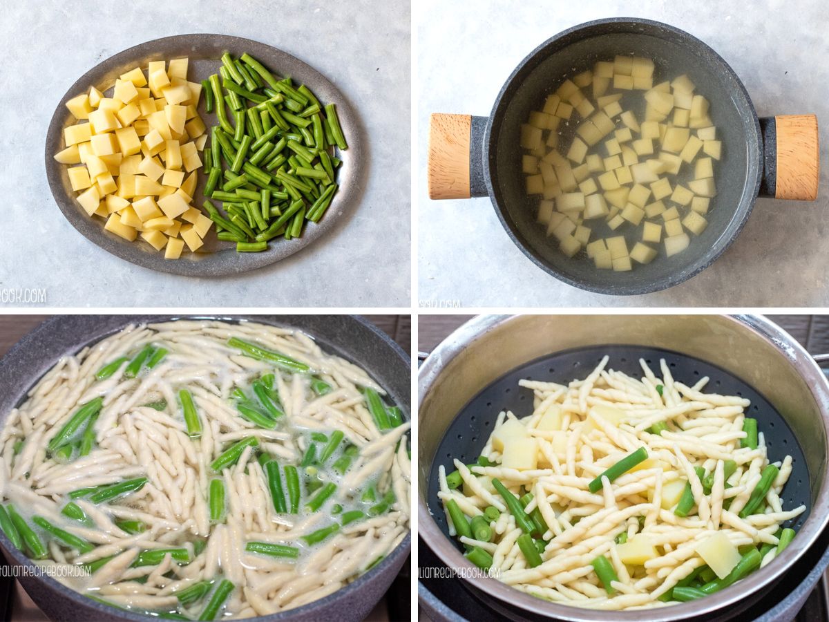 Process of cooking pasta, potatoes and green beans.