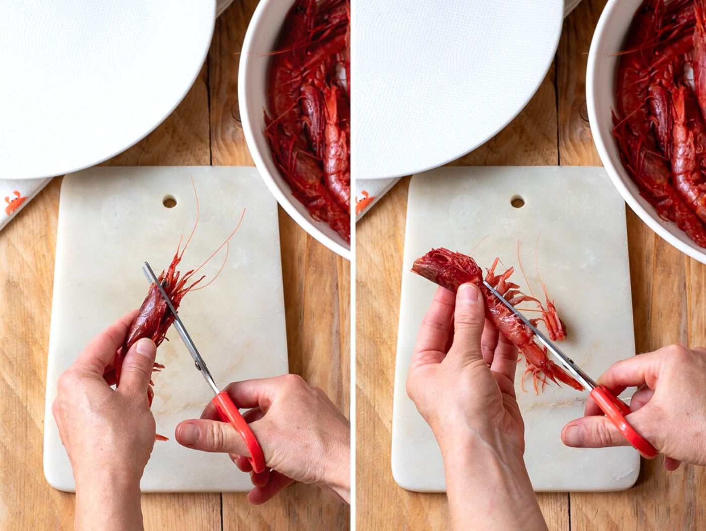 Trimming shrimps with scissors.